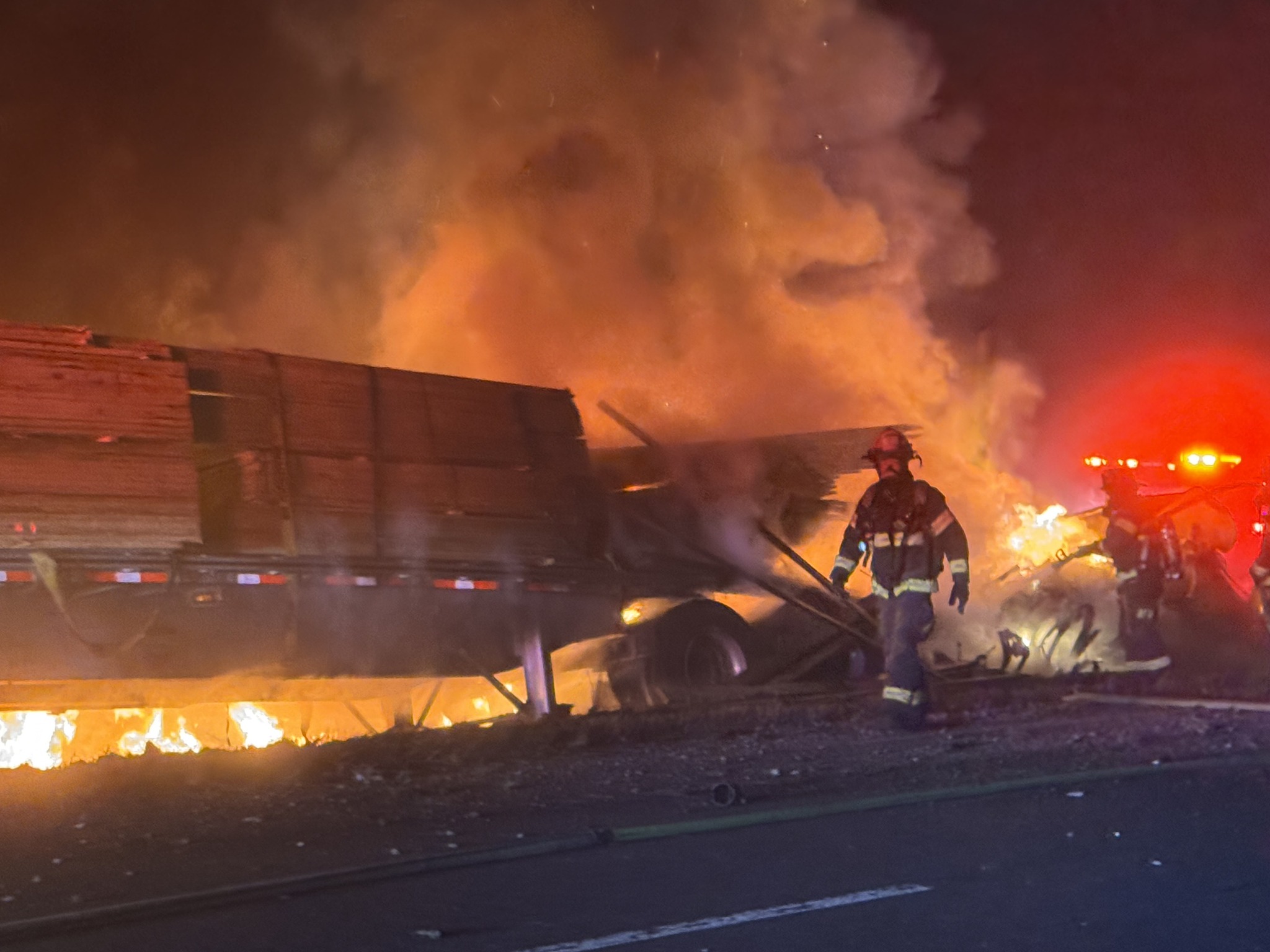 Athens, Tanner firefighters battle nighttime blaze following semi truck crash on I-65